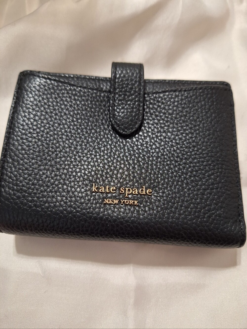 kate spade Black Pebbled Leather Compact Wallet with Gold Logo